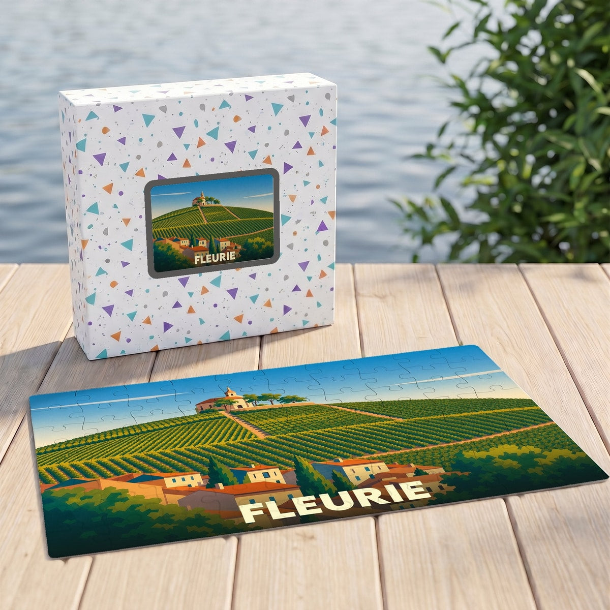 Puzzle souvenir de la ville de Fleurie avec une illustration stylisée de son vignoble.