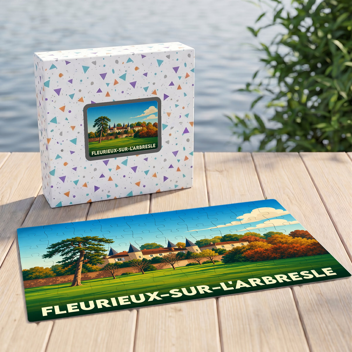 Puzzle souvenir de la ville de Fleurieux-sur-l'Arbresle avec une illustration stylisée d'un domaine paysager.