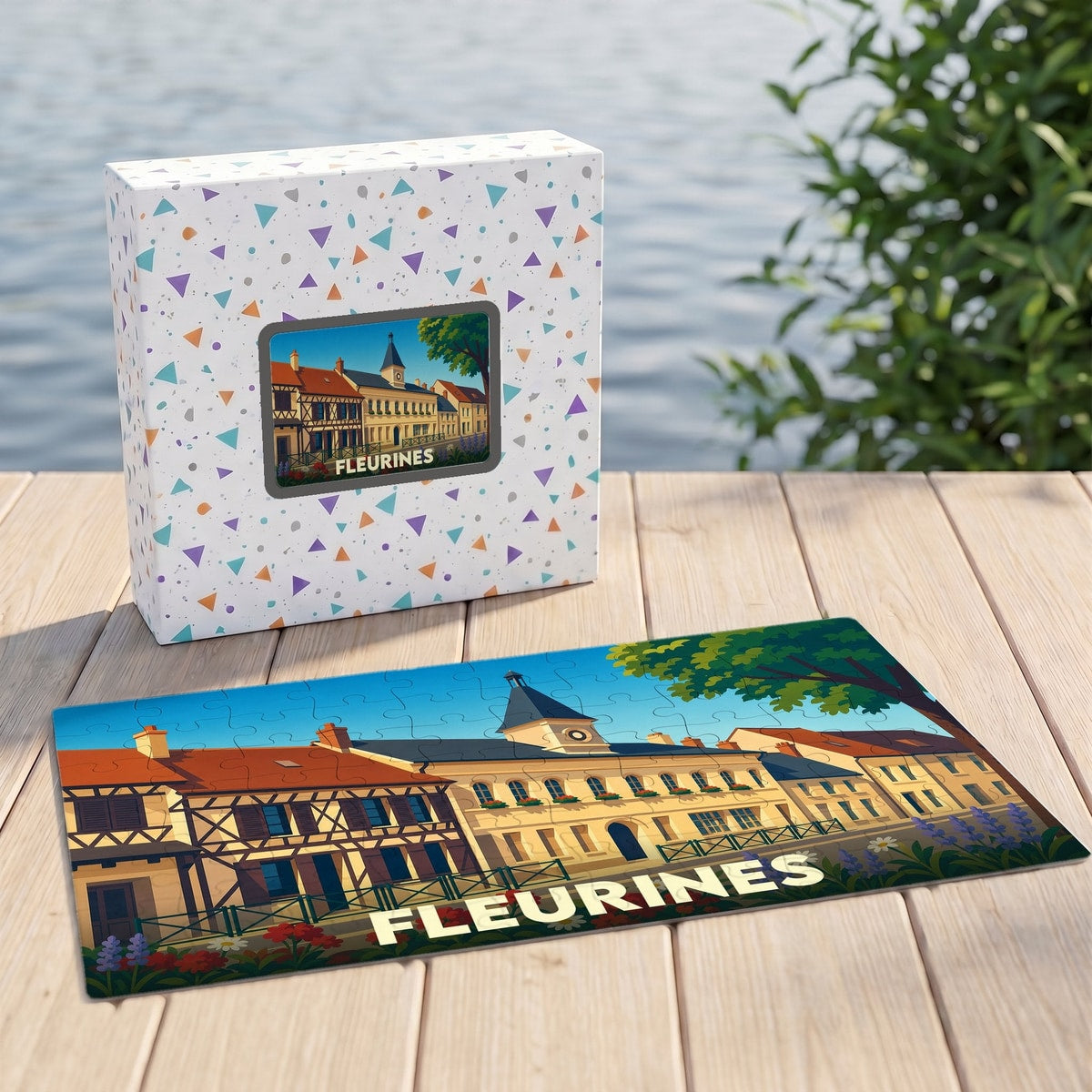 Puzzle souvenir de la ville de Fleurines avec une illustration stylisée de son architecture.