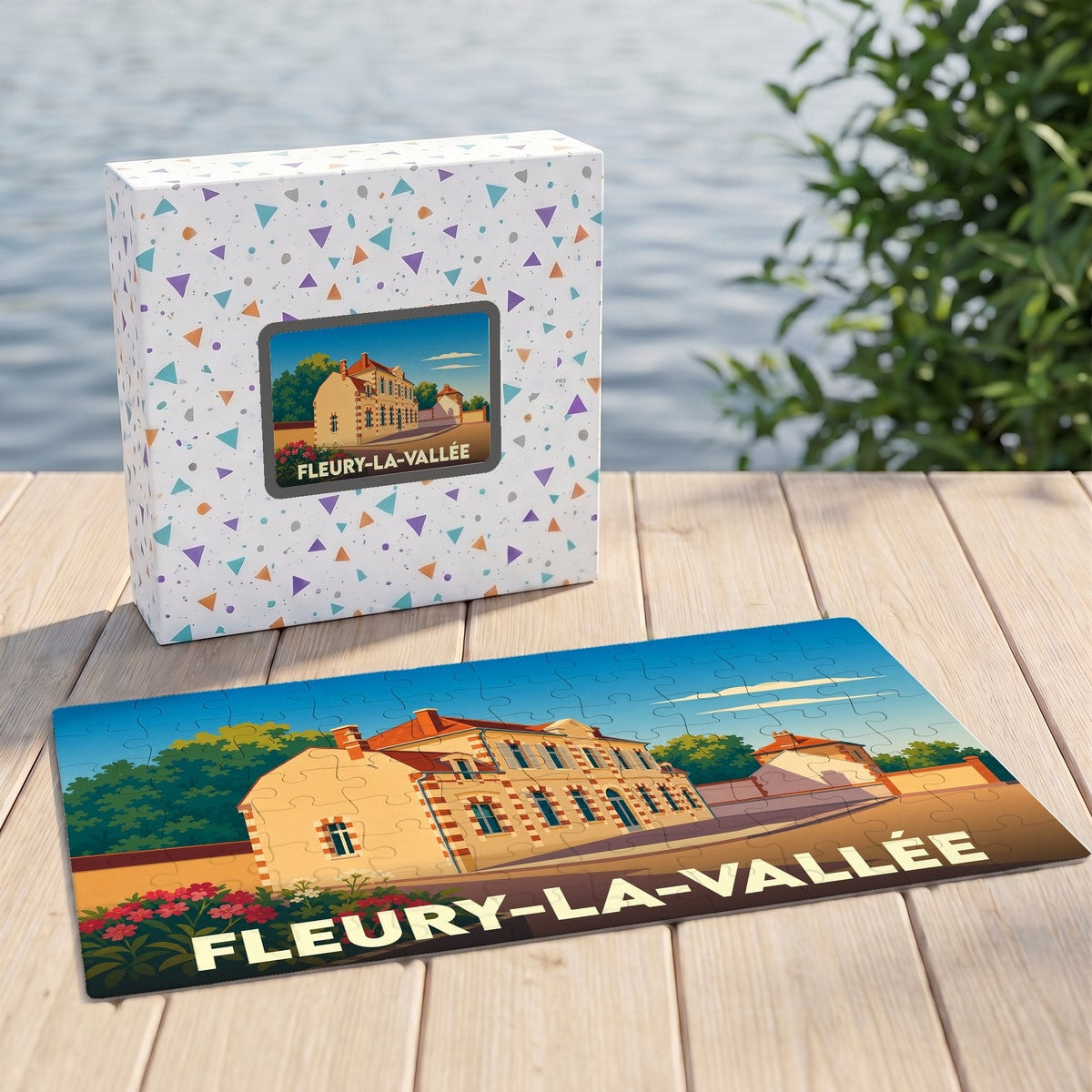 Puzzle souvenir de la ville de Fleury-la-Vallée avec une illustration stylisée.