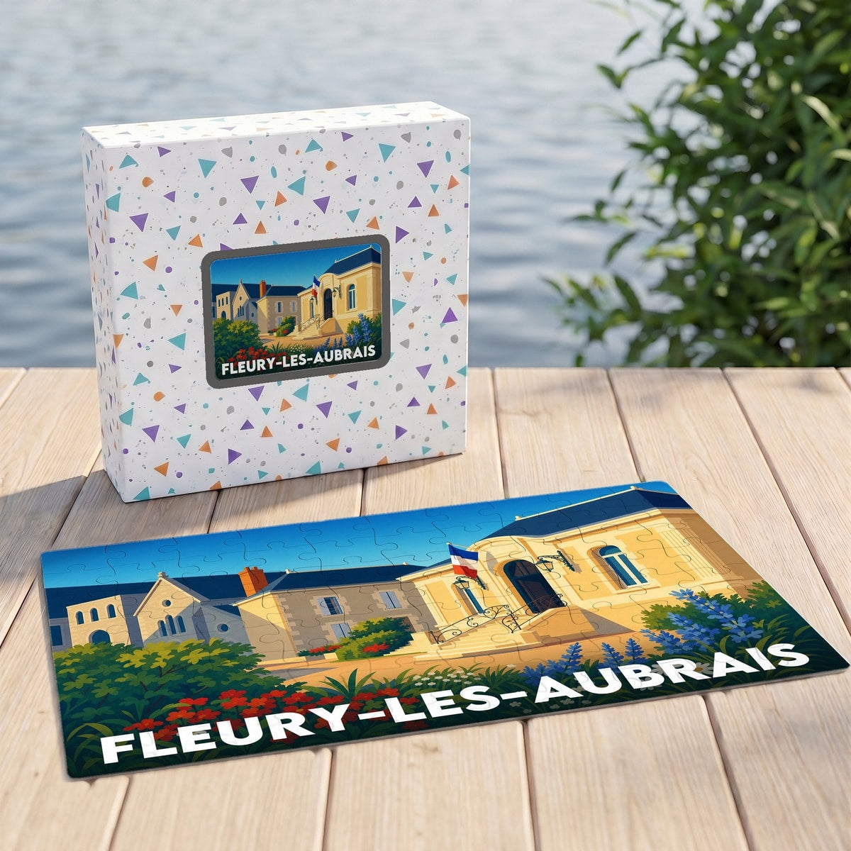 Puzzle souvenir de la ville de Fleury-les-Aubrais avec une illustration stylisée de son hôtel de ville.