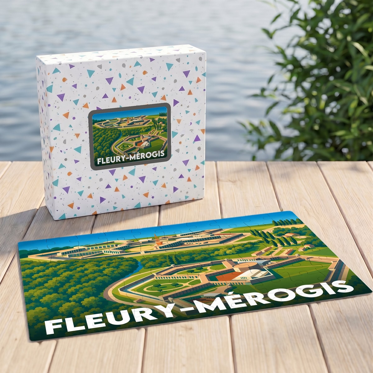 Puzzle souvenir de la ville de Fleury-Mérogis avec une illustration stylisée vue du ciel.