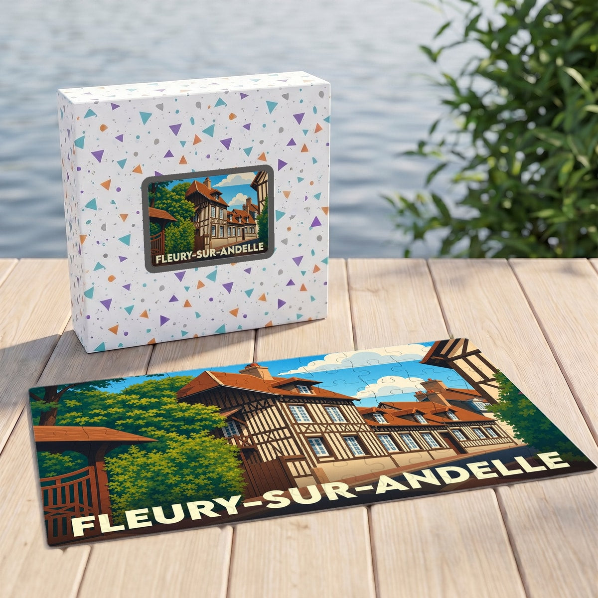 Puzzle souvenir de la ville de Fleury-sur-Andelle avec une illustration stylisée de maisons à colombages.