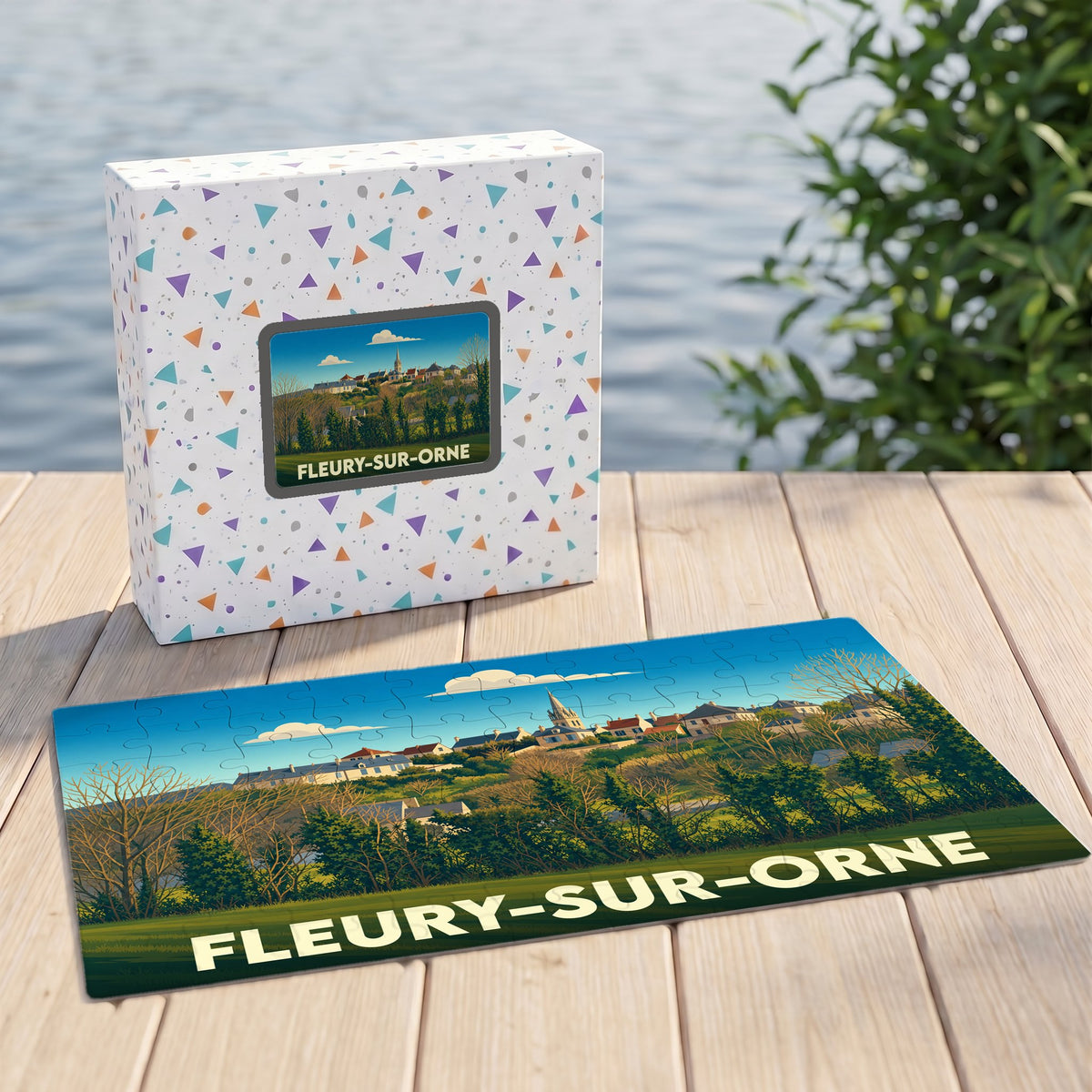 Puzzle souvenir de la ville de Fleury-sur-Orne avec une illustration stylisée et colorée.