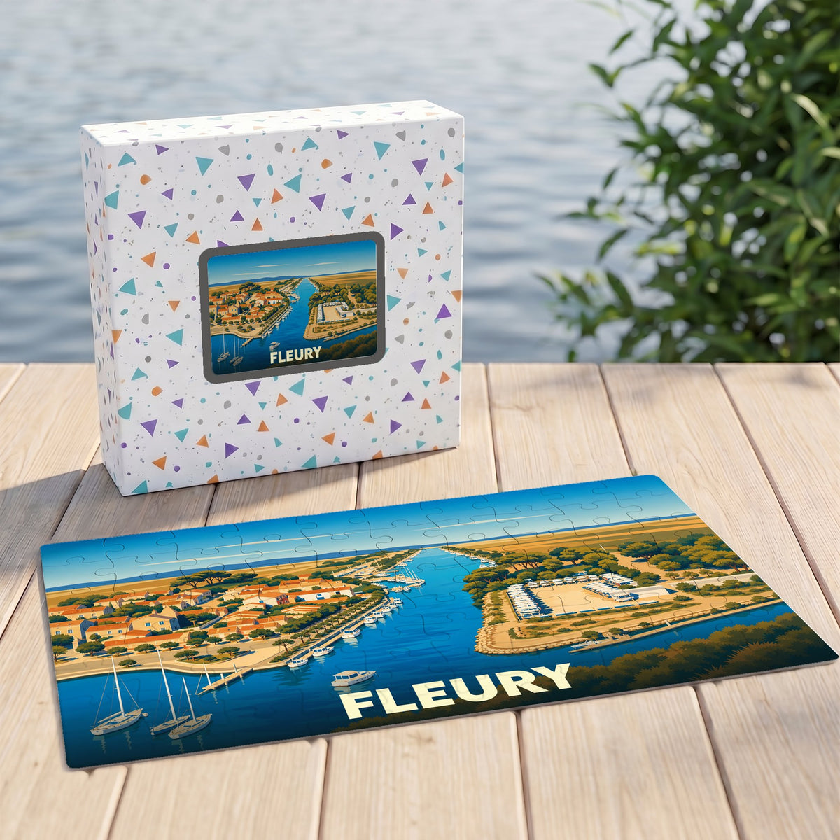 Puzzle souvenir de la ville de Fleury présentant une illustration stylisée de son port et de son littoral.