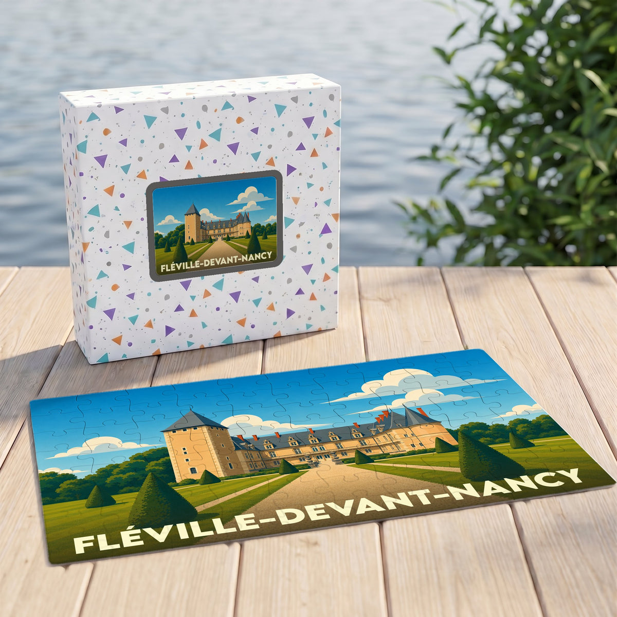 Puzzle souvenir de Fléville-devant-Nancy avec une illustration stylisée de son château.