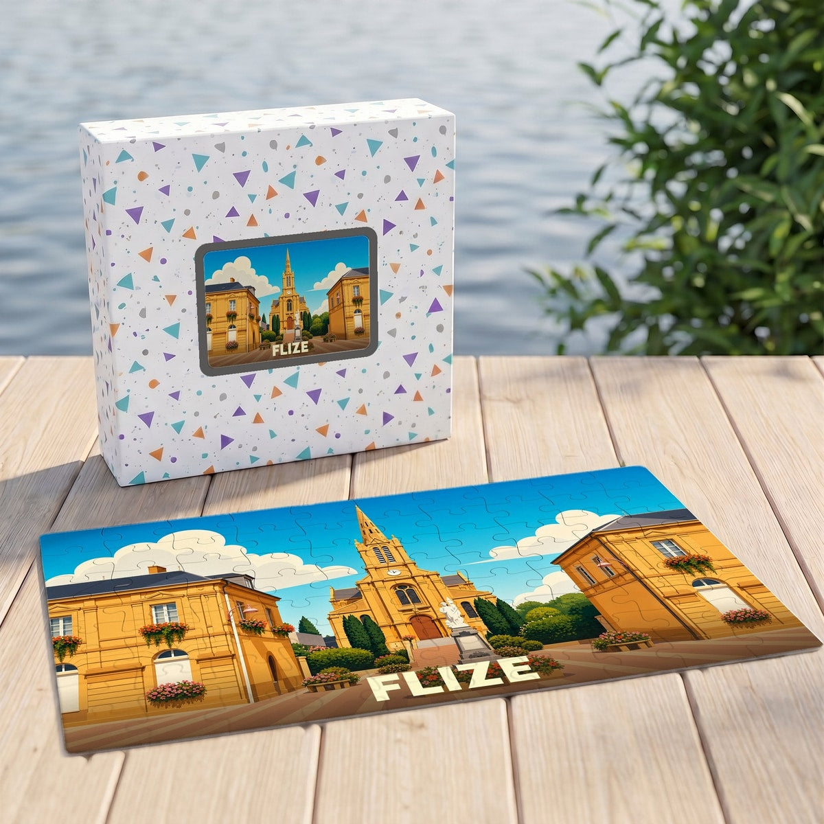 Puzzle souvenir de la ville de Flize avec une illustration stylisée de son église et de sa boîte assortie.