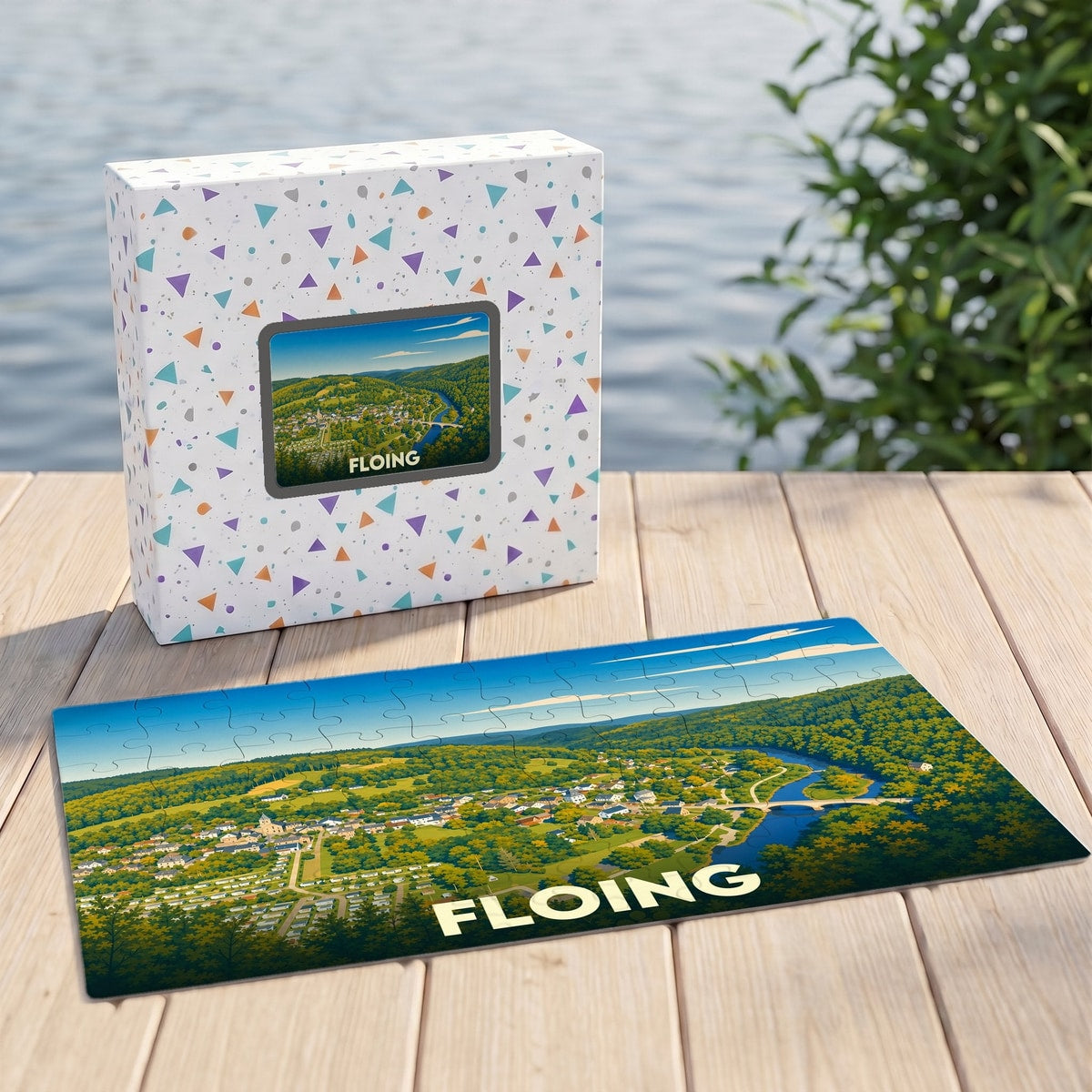 Puzzle souvenir de la ville de Floing représentant une vue panoramique illustrée de la vallée.