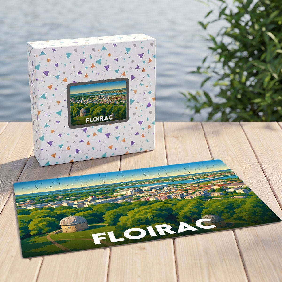 Puzzle souvenir de la ville de Floirac avec une illustration stylisée de son observatoire et de son panorama urbain.