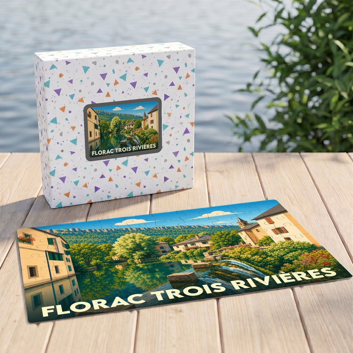 Puzzle souvenir de la ville de Florac Trois Rivières avec son illustration de paysage stylisé et sa boîte assortie.