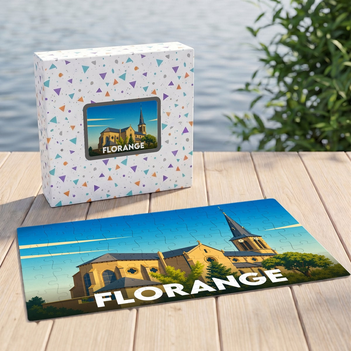 Puzzle souvenir de la ville de Florange avec une illustration stylisée d'une église.