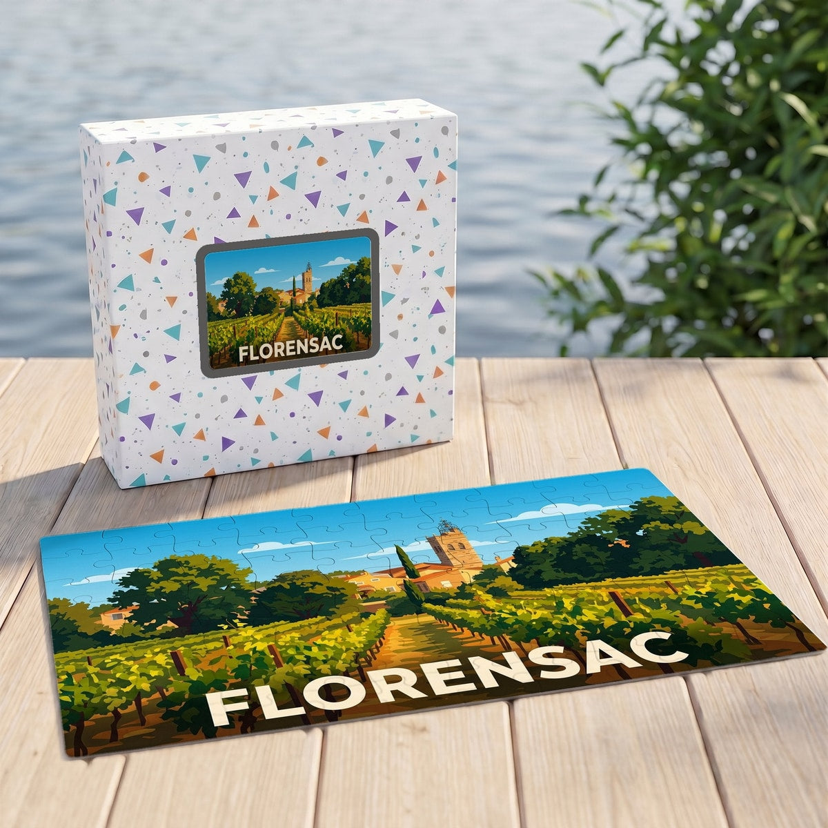 Puzzle souvenir de la ville de Florensac illustrant un vignoble ensoleillé devant le clocher du village.