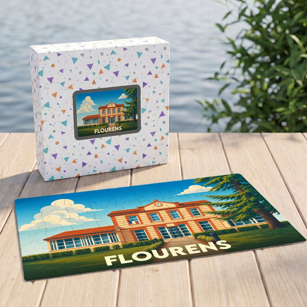 Puzzle souvenir de la ville de Flourens avec une illustration stylisée d'un bâtiment emblématique.