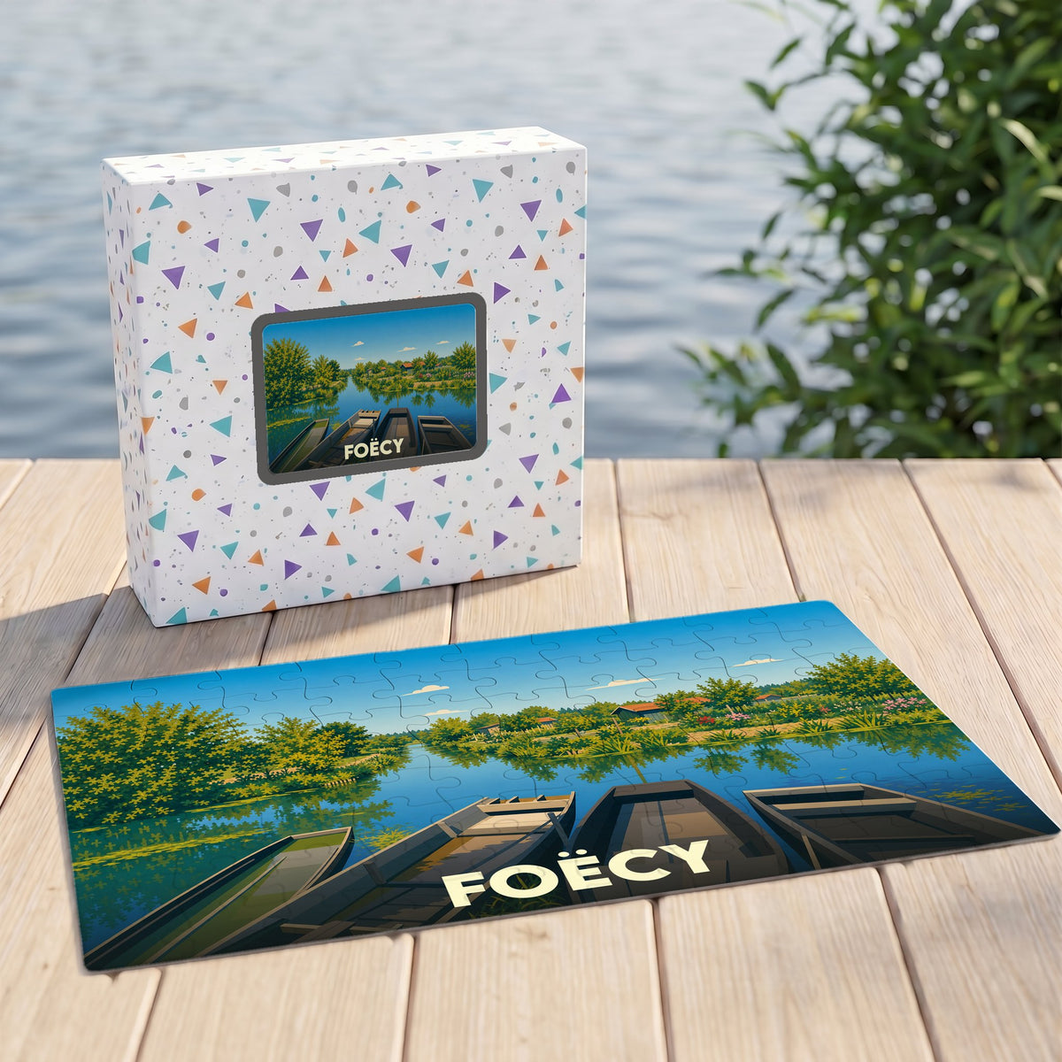 Puzzle souvenir de la ville de Foëcy avec une illustration stylisée de barques sur l'eau.
