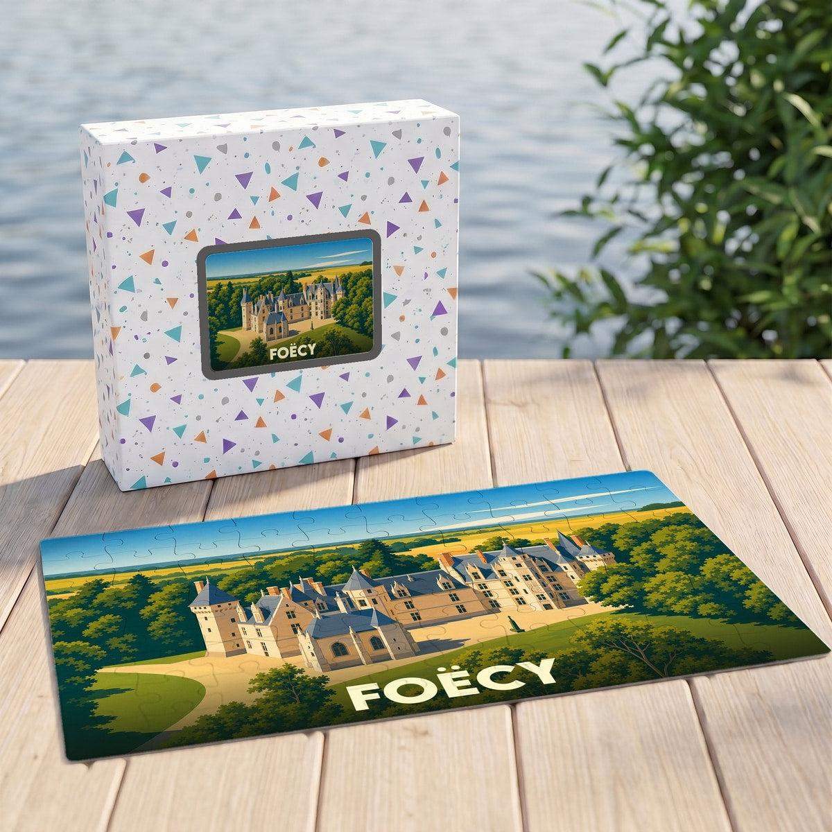 Puzzle souvenir de la ville de Foëcy représentant son château avec une illustration stylisée.