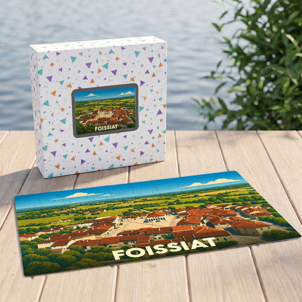 Puzzle souvenir de la ville de Foissiat avec une illustration stylisée d'une vue aérienne.