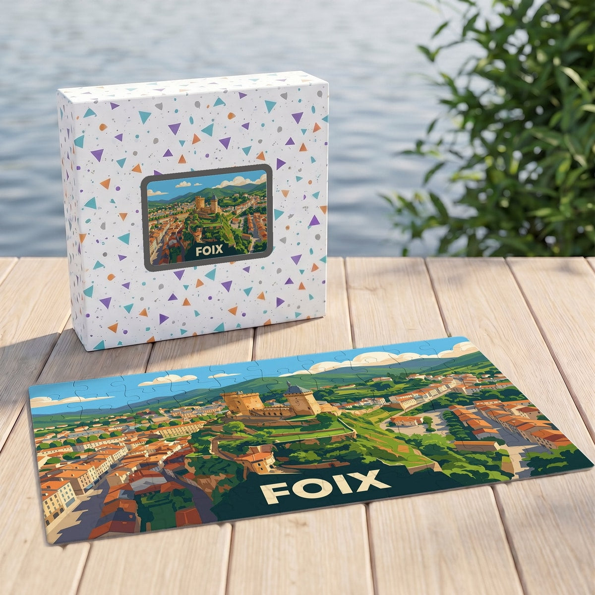Puzzle souvenir de la ville de Foix avec une illustration panoramique de son château et de ses toits rouges.