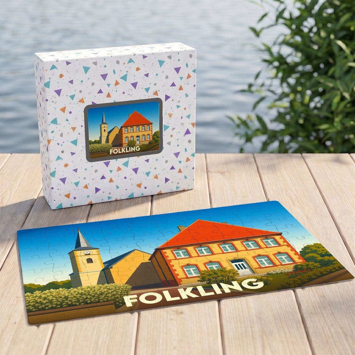 Puzzle souvenir de la ville de Folkling avec une illustration stylisée d'un bâtiment et d'une église.