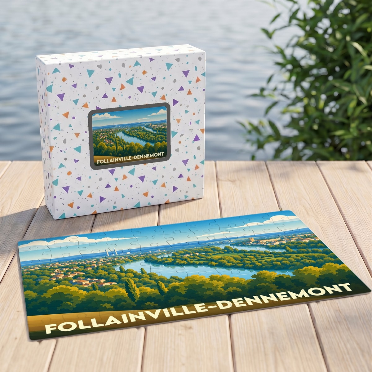 Puzzle souvenir de la ville de Follainville-Dennemont illustrant un paysage fluvial verdoyant.