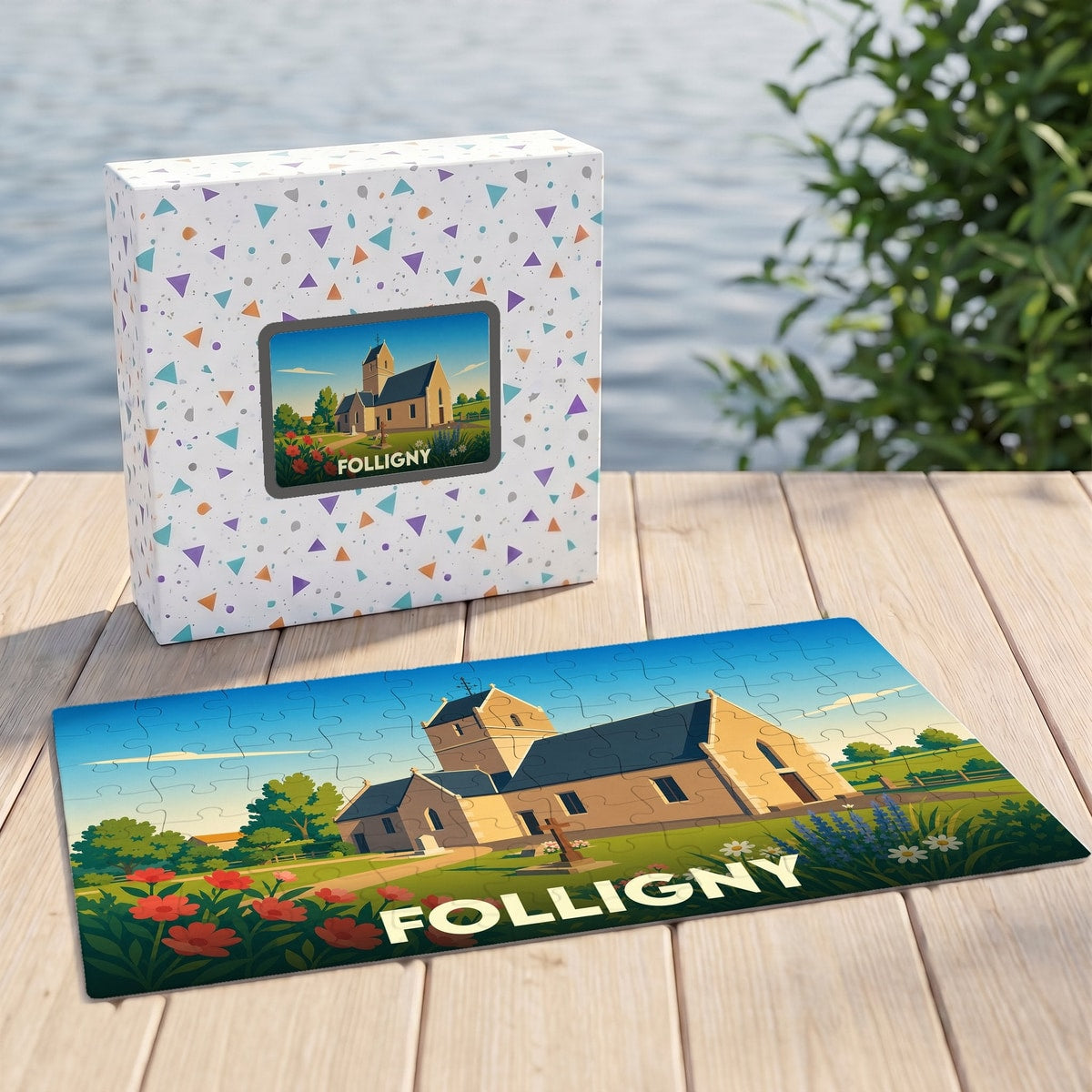 Puzzle souvenir de la ville de Folligny avec une illustration stylisée de son église.