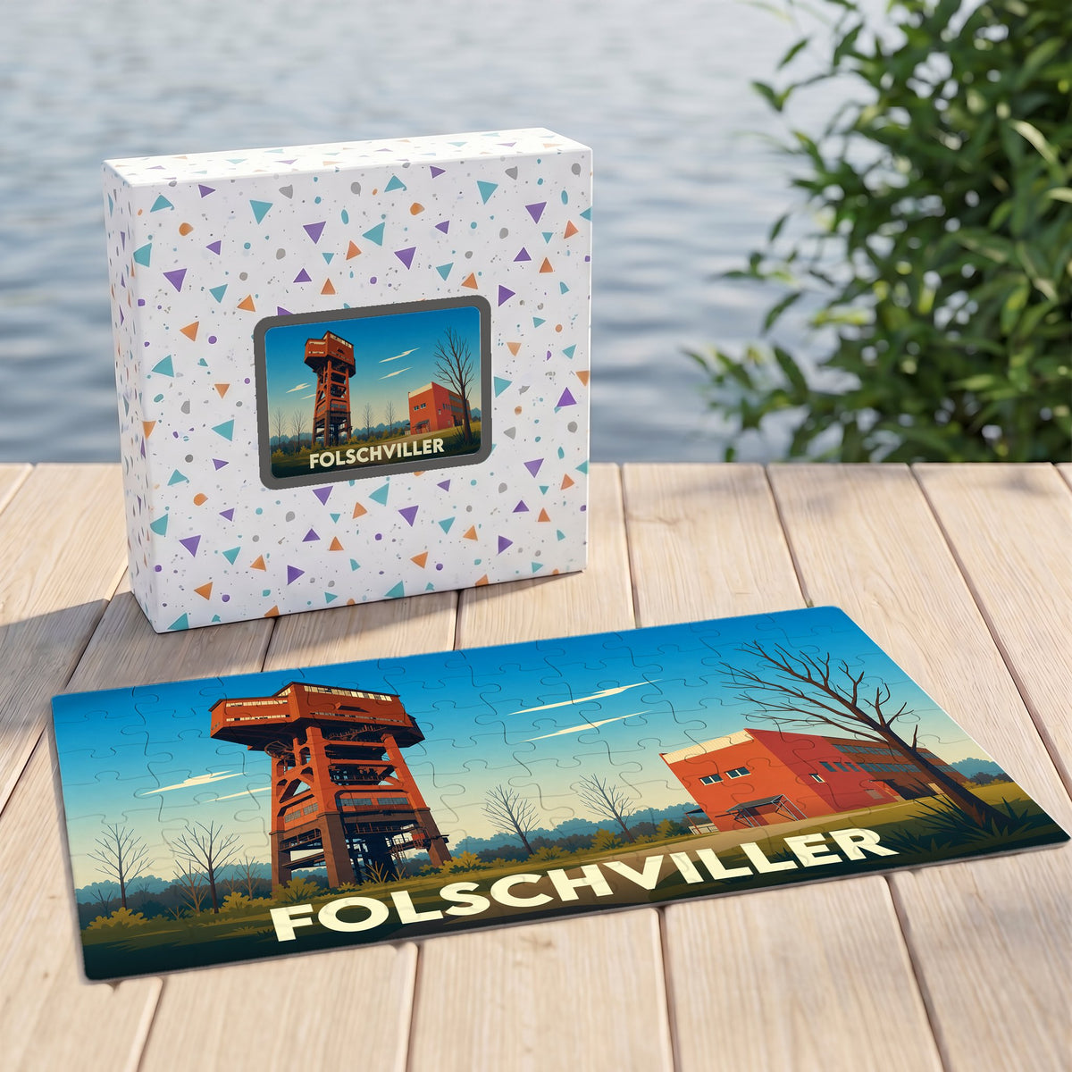 Puzzle souvenir de la ville de Folschviller illustrant un chevalement de mine dans un style graphique épuré.