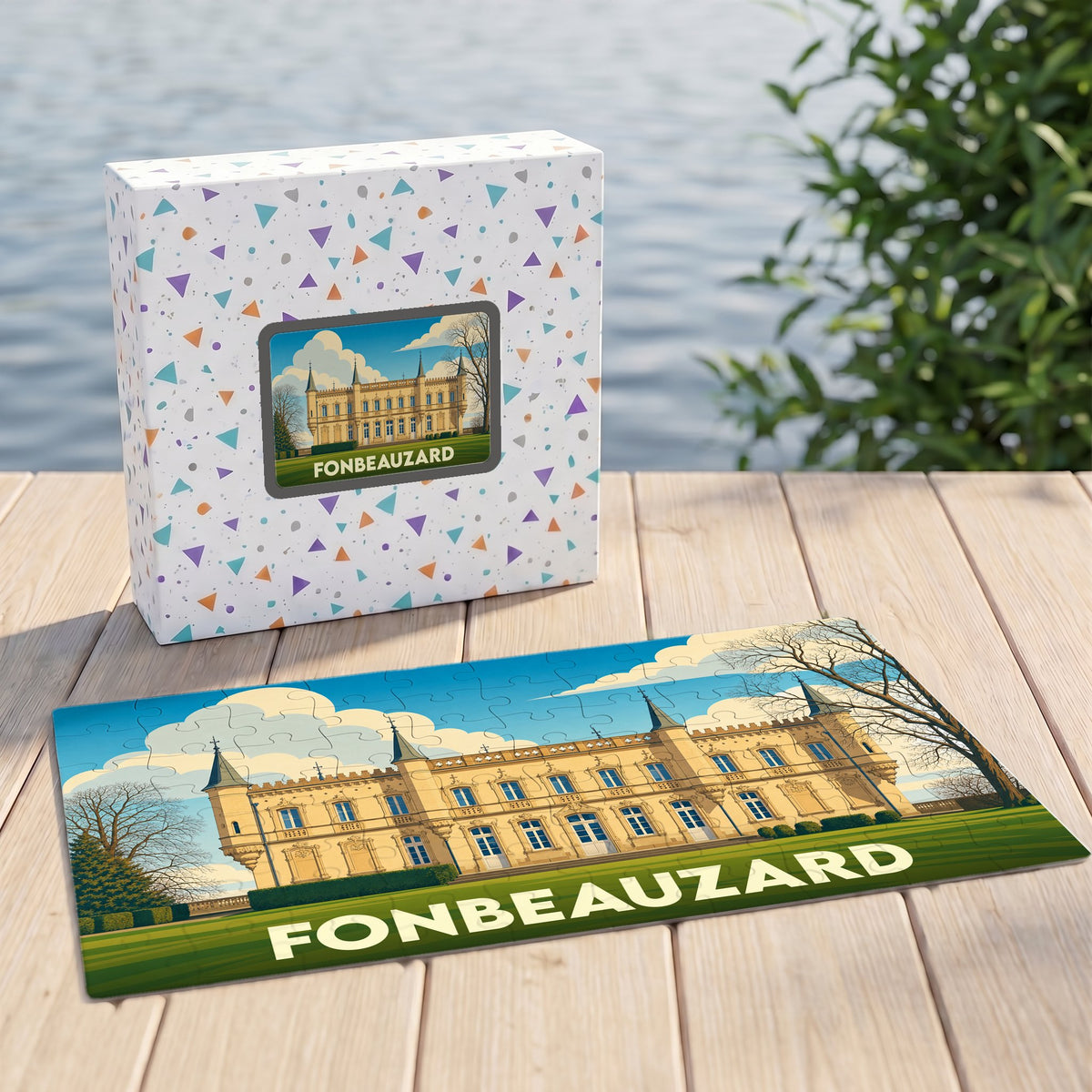 Puzzle souvenir de la ville de Fonbeauzard avec une illustration stylisée de son château.