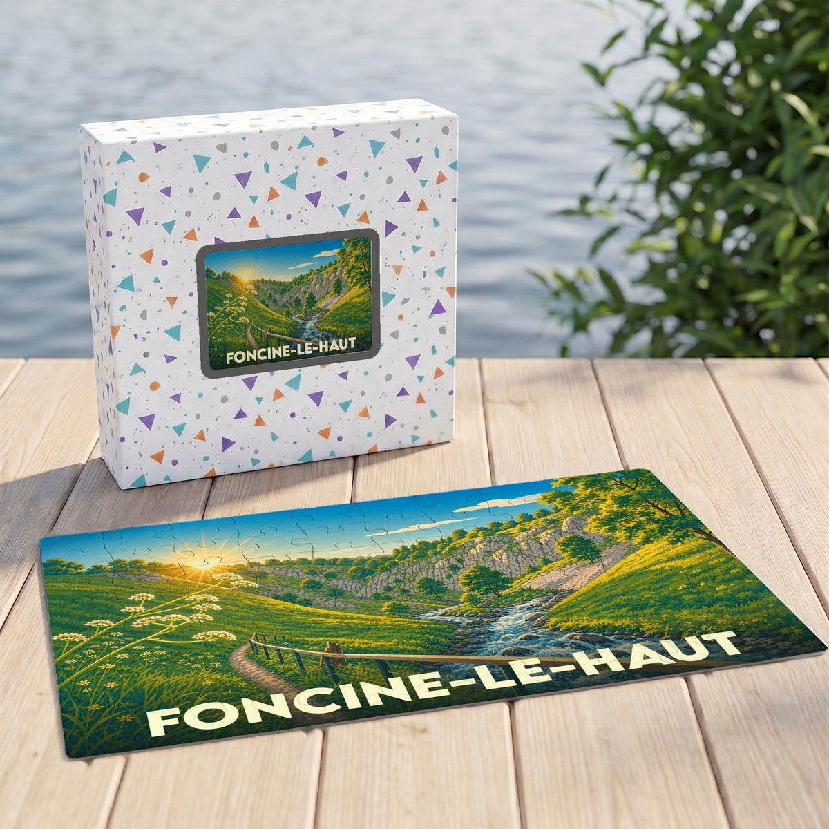 Puzzle souvenir de la ville de Foncine-le-Haut avec une illustration stylisée de son paysage naturel.