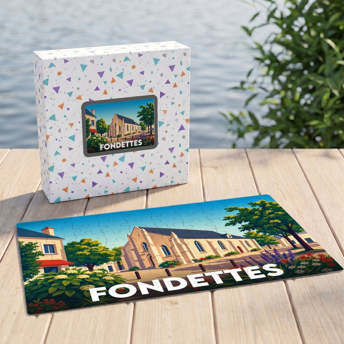 Puzzle souvenir de la ville de Fondettes avec une illustration stylisée de son église et de ses jardins.