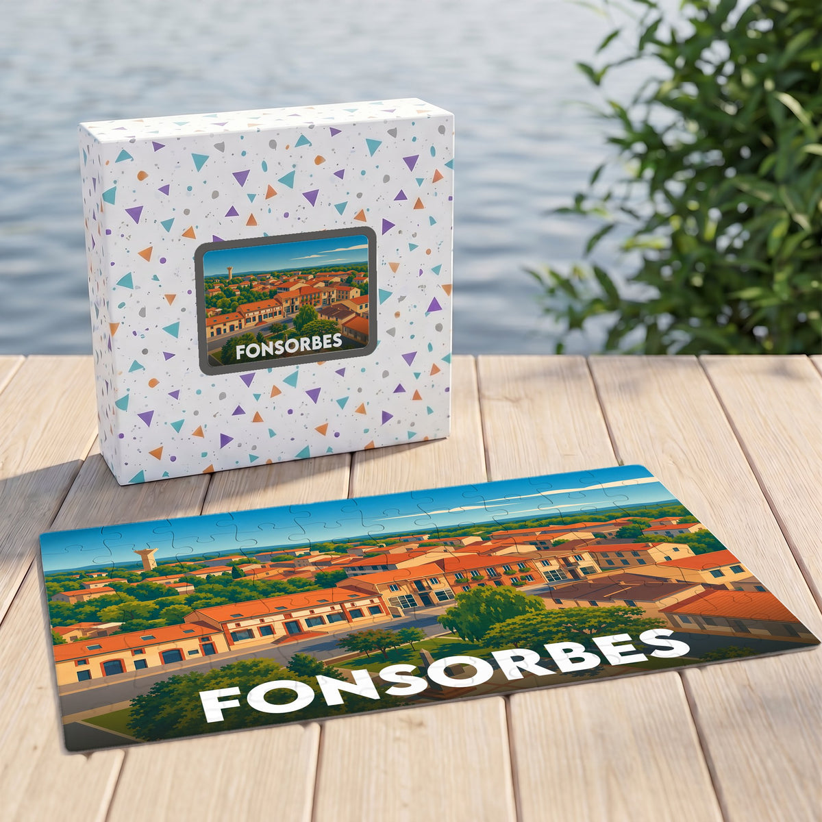 Puzzle souvenir de la ville de Fonsorbes représentant une vue panoramique illustrée dans un style graphique.