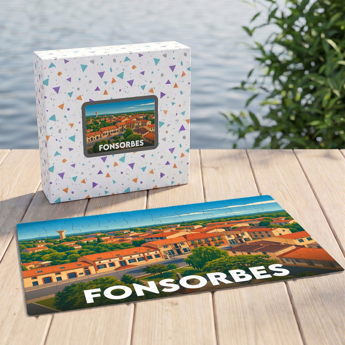 Puzzle souvenir de la ville de Fonsorbes représentant une vue panoramique illustrée dans un style graphique.
