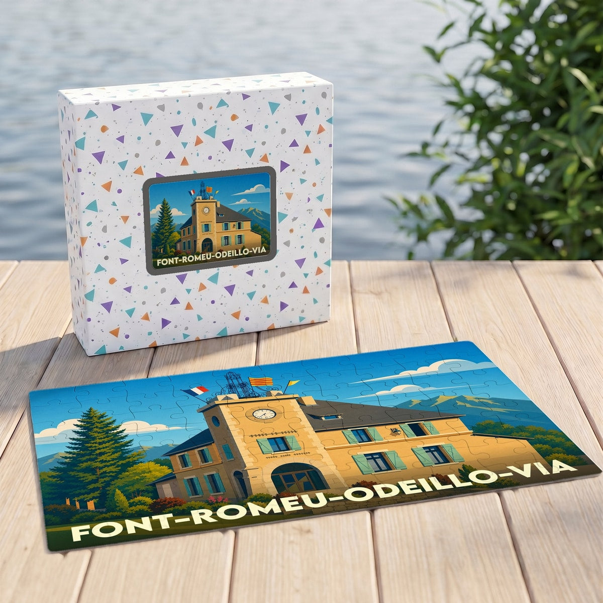 Puzzle souvenir de la ville de Font-Romeu-Odeillo-Via avec une illustration stylisée de sa mairie.