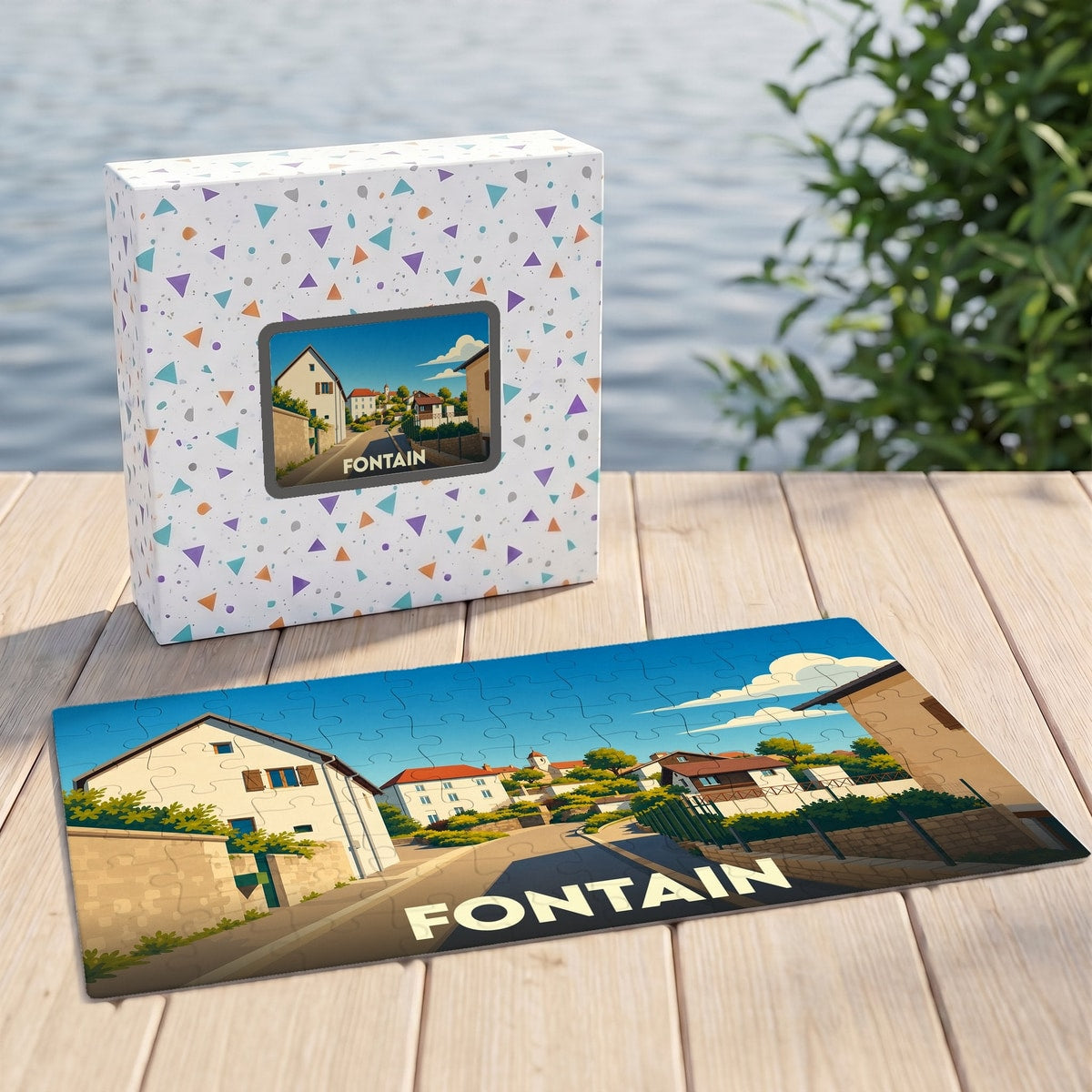 Puzzle souvenir de la ville de Fontain avec une illustration stylisée d'un paysage urbain.