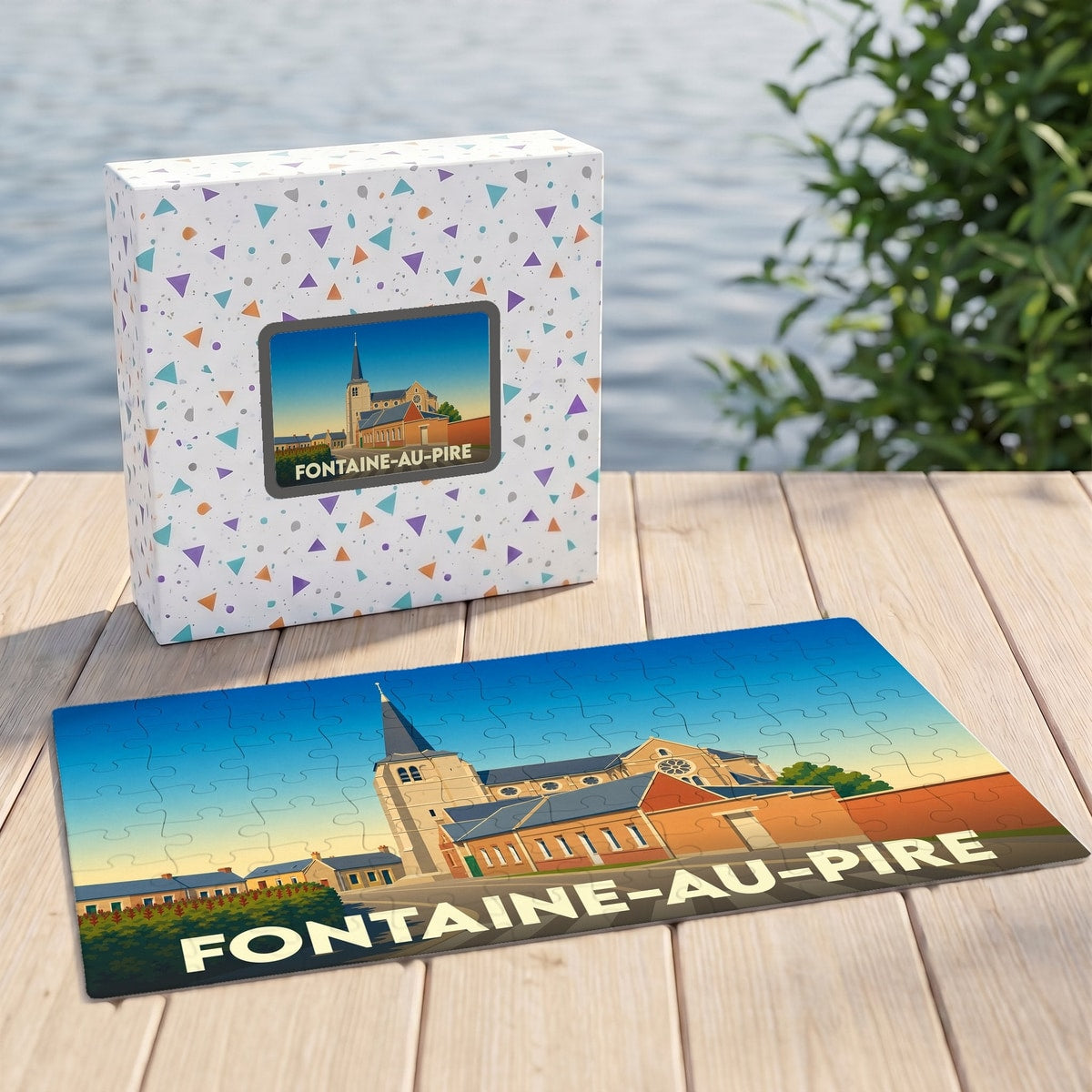 Puzzle souvenir de la ville de Fontaine-au-Pire avec une illustration stylisée de son église.