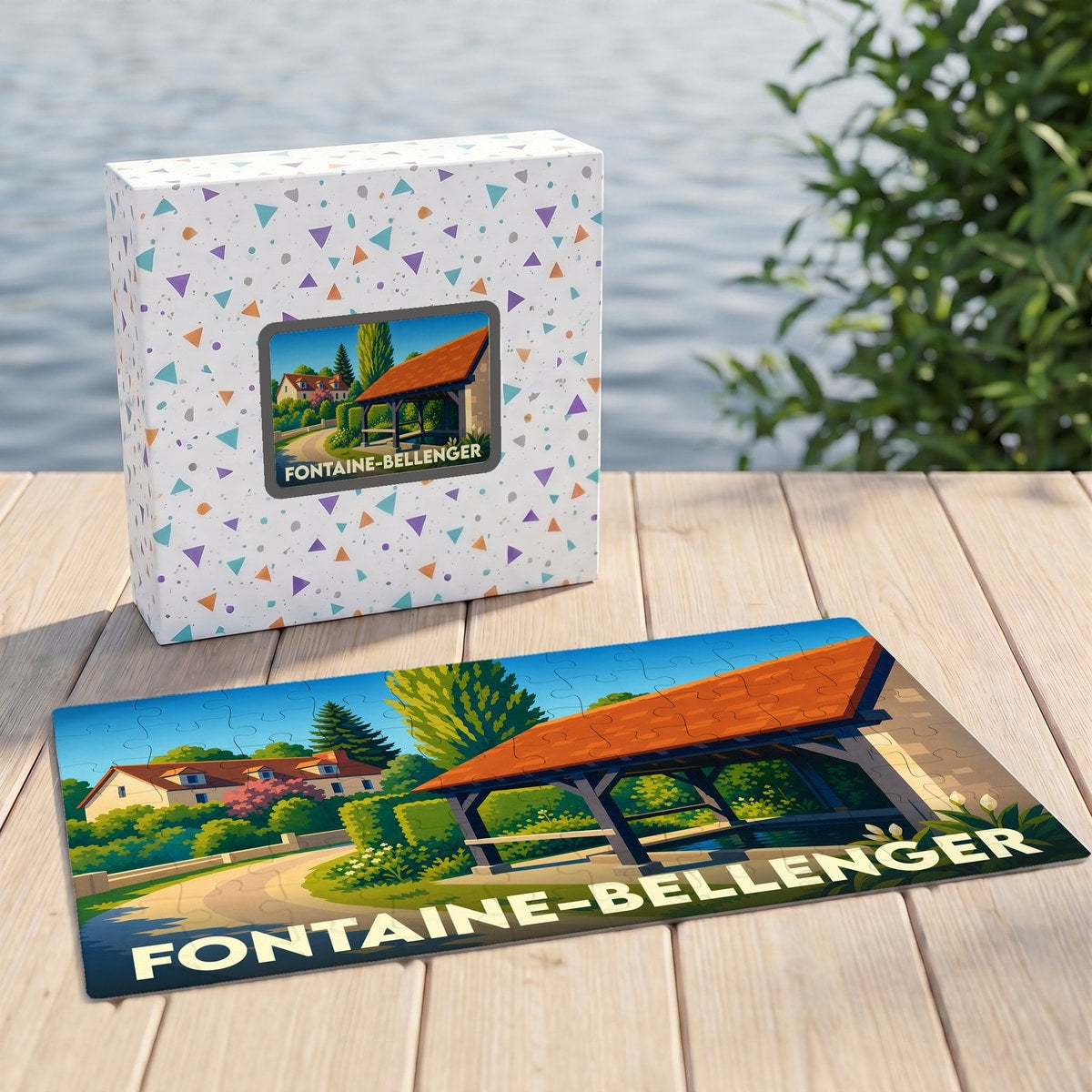 Puzzle souvenir de la ville de Fontaine-Bellenger avec une illustration stylisée d'un lavoir couvert.