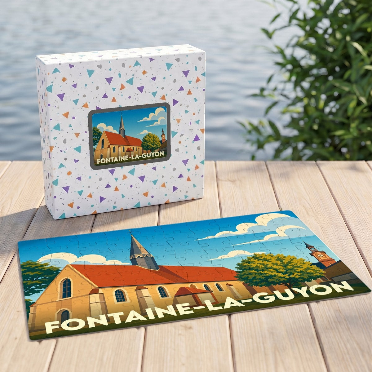 Puzzle souvenir de la ville de Fontaine-la-Guyon avec une illustration stylisée.