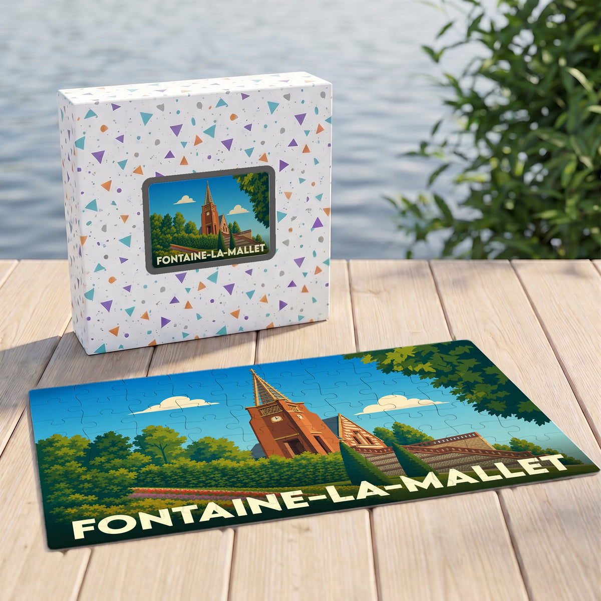 Puzzle souvenir de la ville de Fontaine-la-Mallet avec une illustration stylisée de son église.