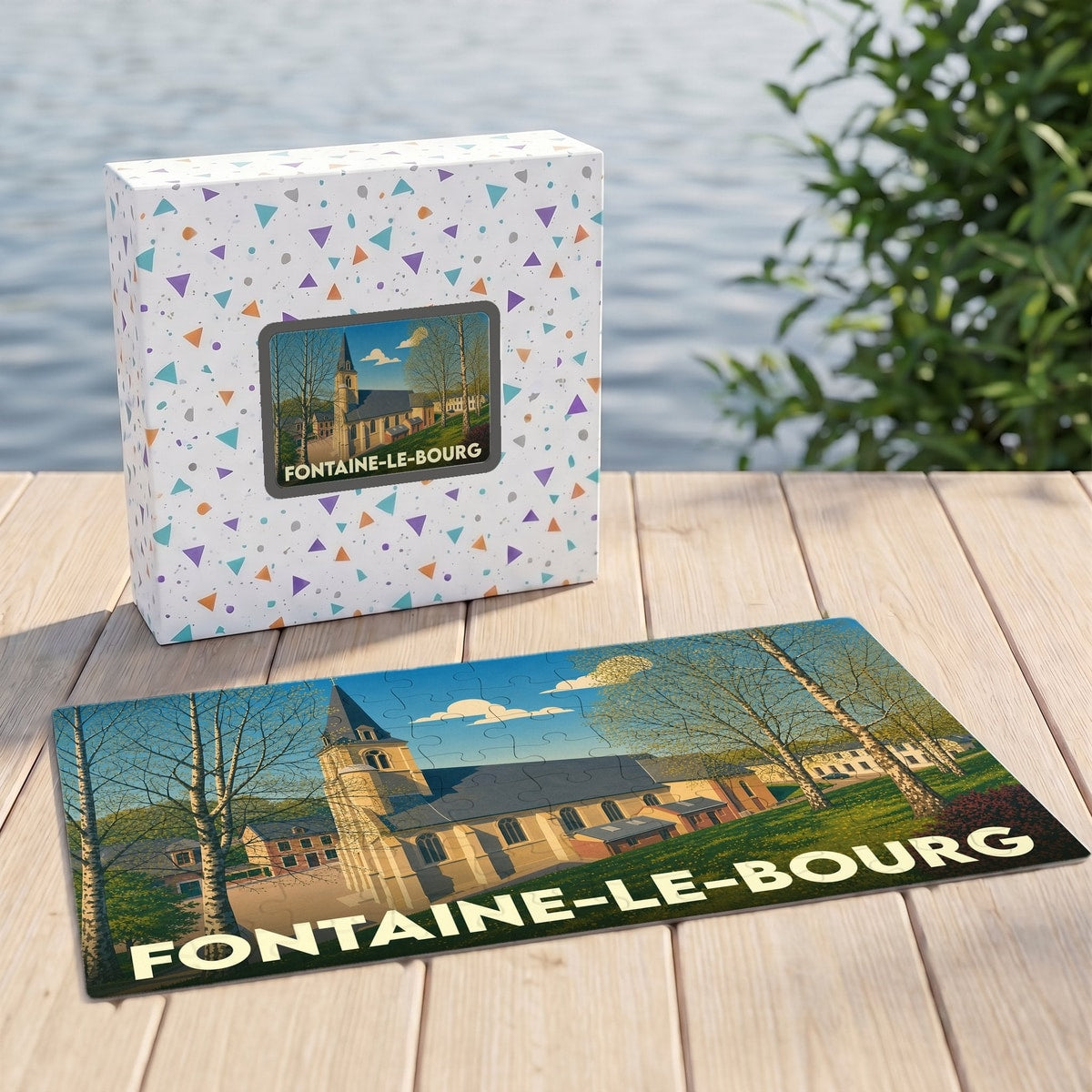 Puzzle souvenir de la ville de Fontaine-le-Bourg avec une illustration stylisée de son église.