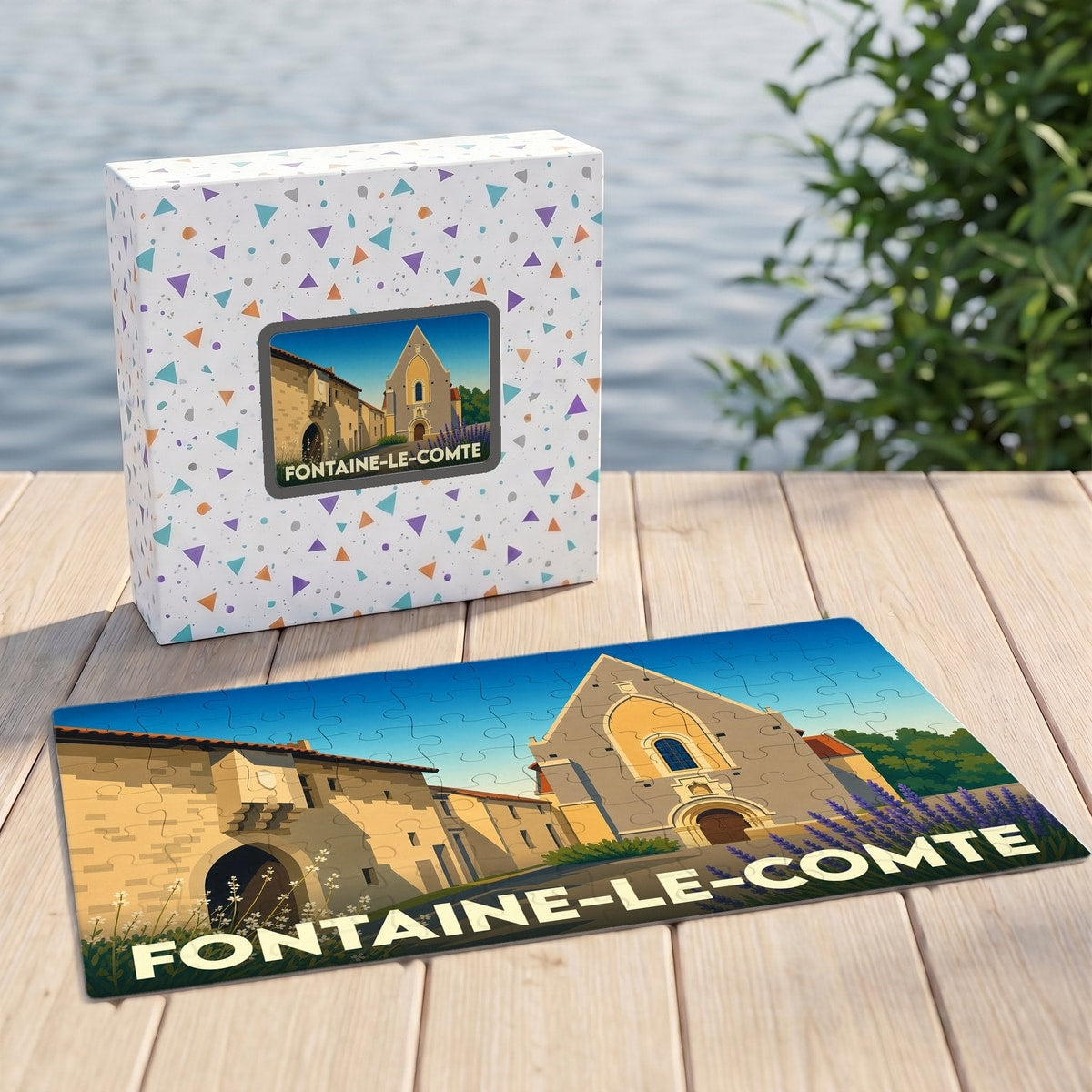 Puzzle souvenir de la ville de Fontaine-le-Comte présentant une illustration stylisée de son patrimoine architectural.