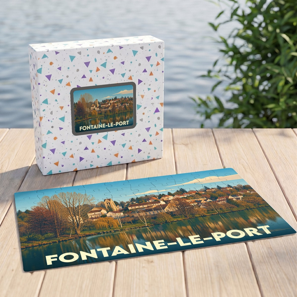 Puzzle souvenir de la ville de Fontaine-le-Port avec une illustration panoramique stylisée.