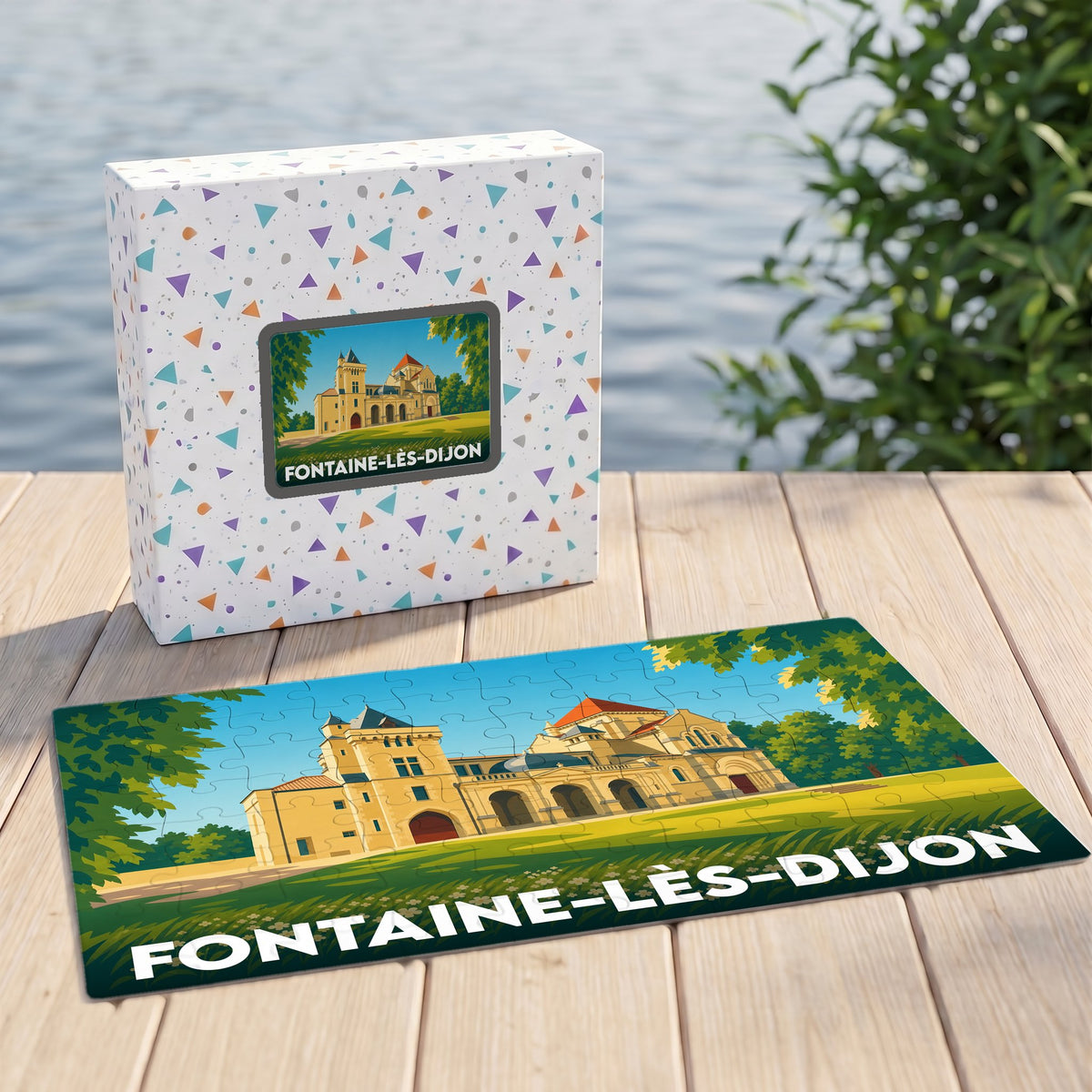 Puzzle souvenir de la ville de Fontaine-lès-Dijon avec une illustration stylisée de son patrimoine.
