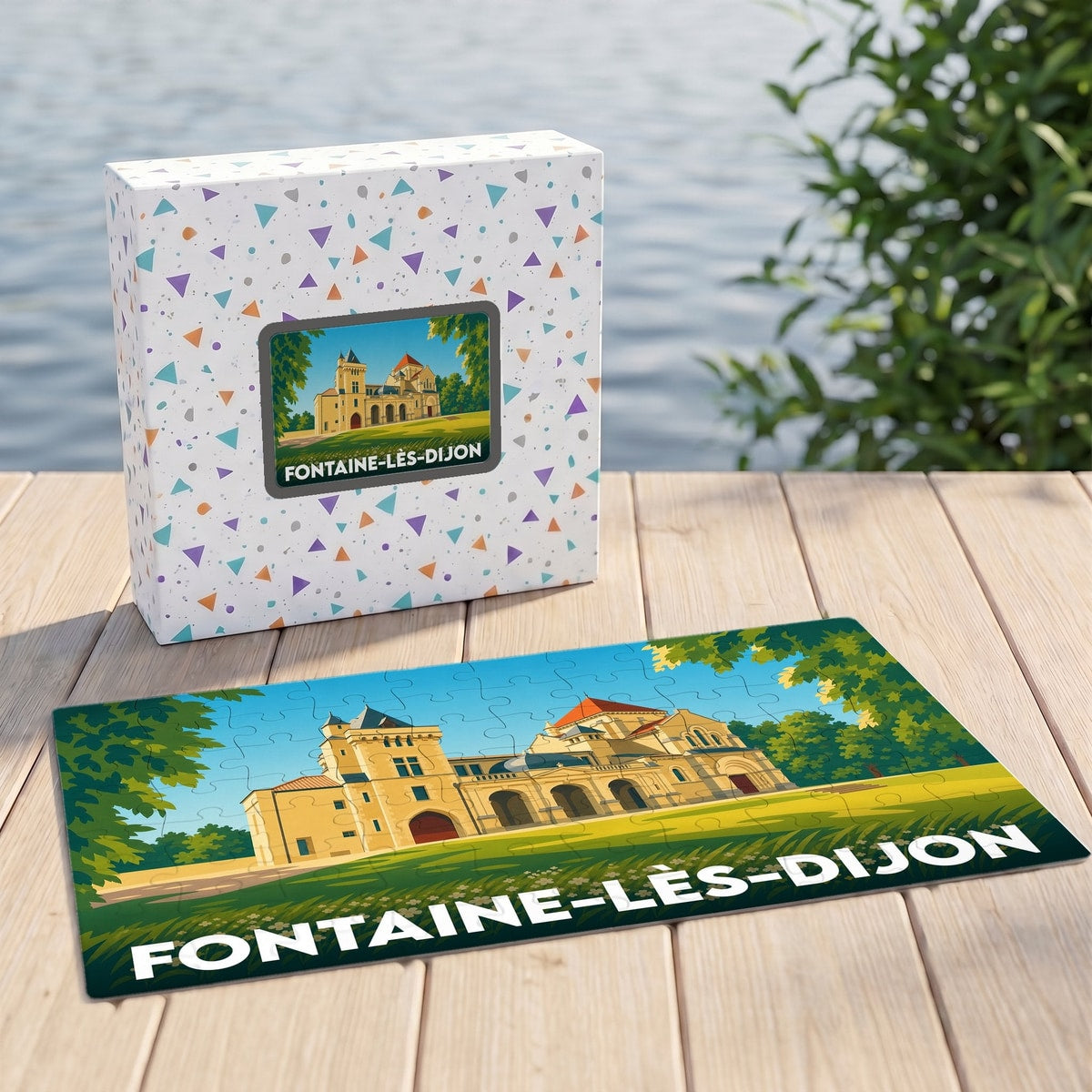 Puzzle souvenir de la ville de Fontaine-lès-Dijon avec une illustration stylisée de son patrimoine.