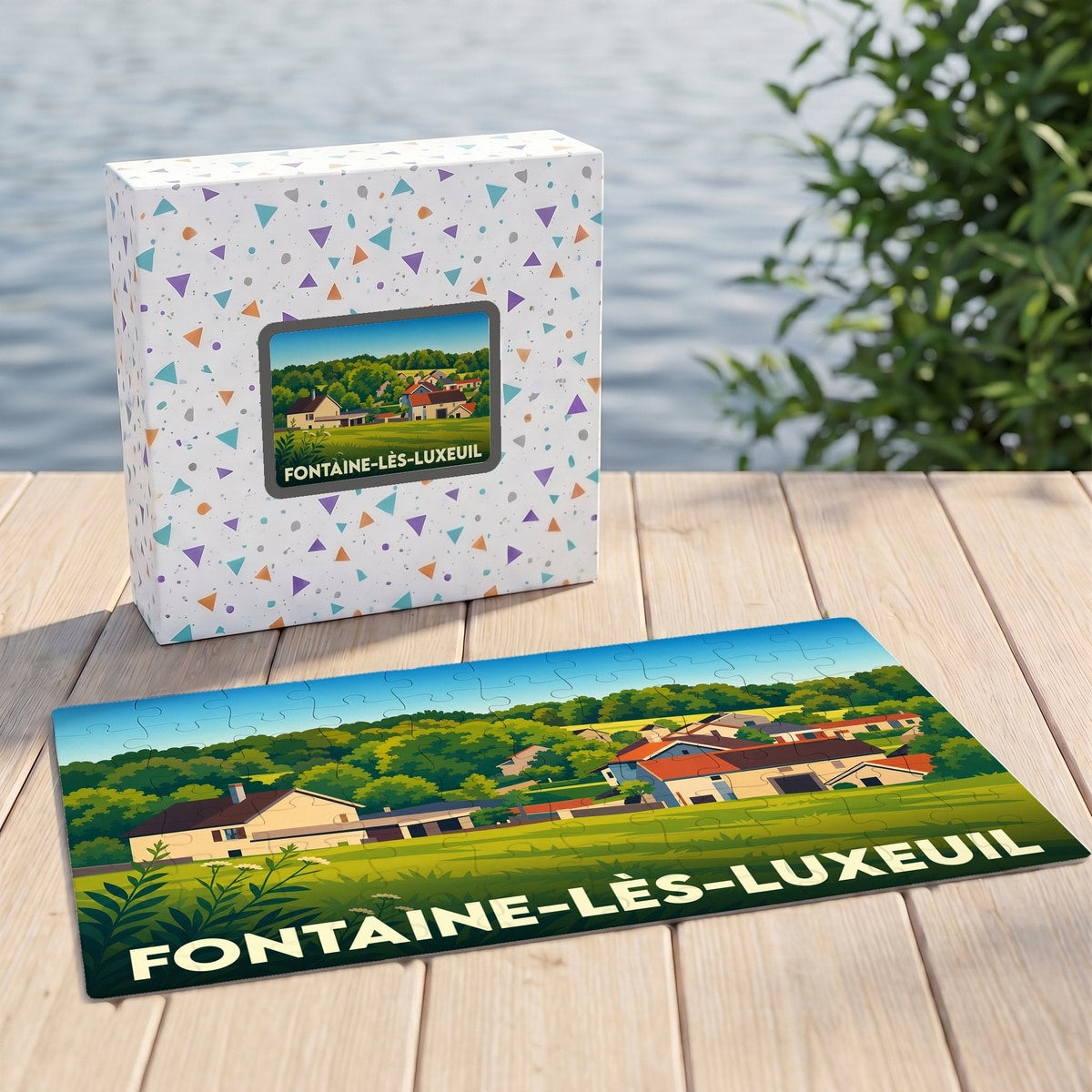 Puzzle souvenir de la ville de Fontaine-lès-Luxeuil avec une illustration stylisée de son paysage rural.