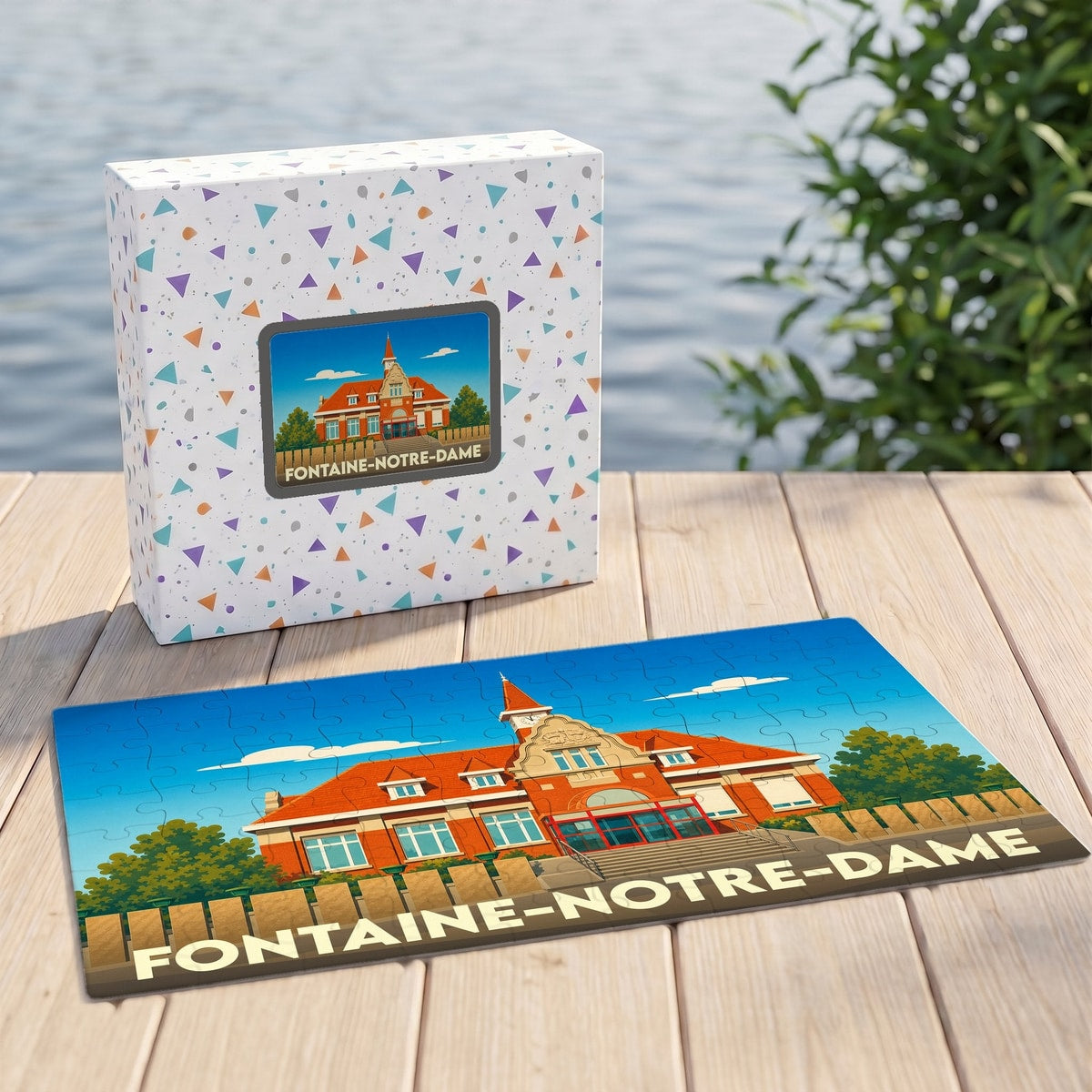 Puzzle souvenir de la ville de Fontaine-Notre-Dame avec une illustration stylisée d'un bâtiment remarquable.