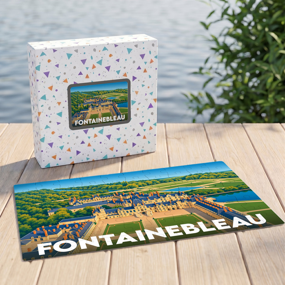 Puzzle souvenir de la ville de Fontainebleau représentant son château avec une illustration stylisée.