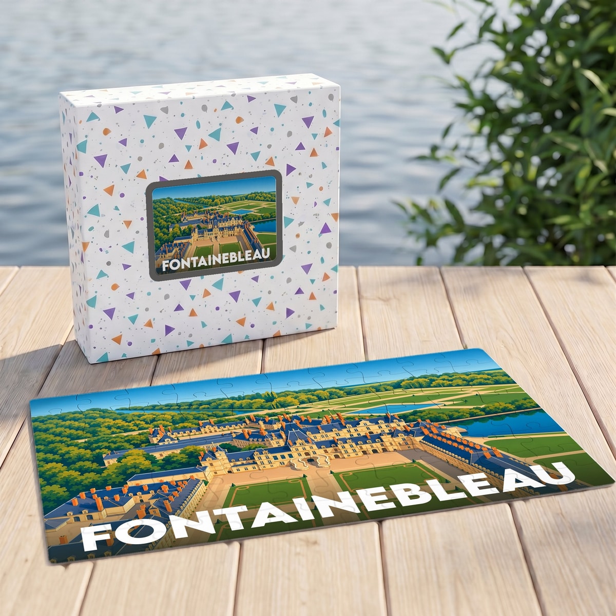 Puzzle souvenir de la ville de Fontainebleau représentant son château avec une illustration stylisée.