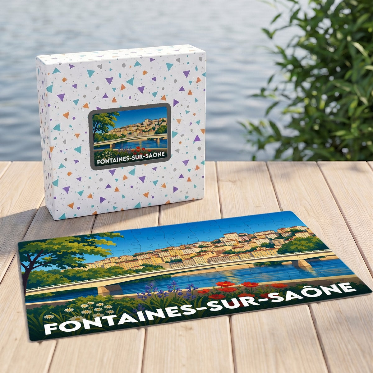 Puzzle souvenir de la ville de Fontaines-sur-Saône avec une illustration colorée et stylisée de ses quais.