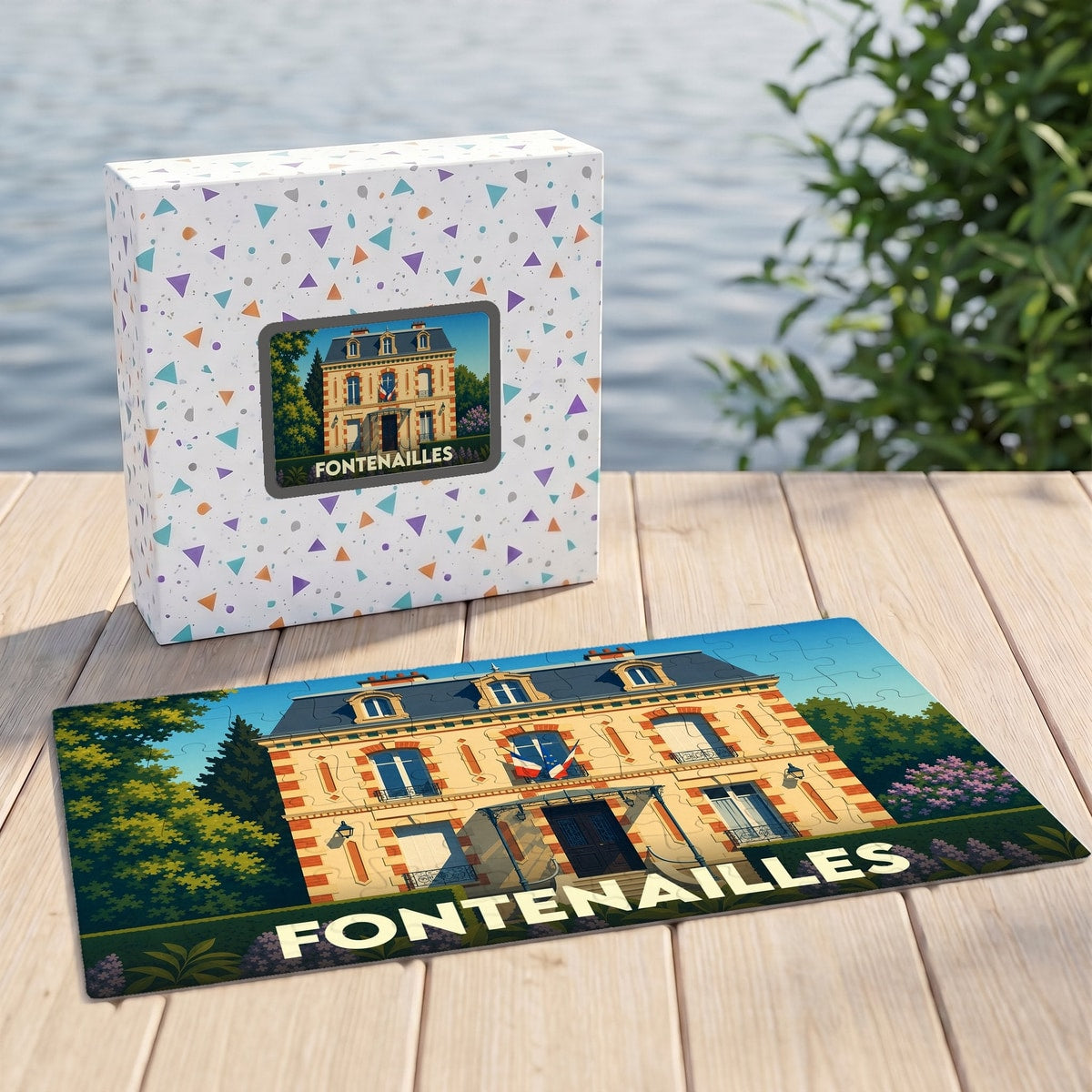 Puzzle souvenir de la ville de Fontenailles avec une illustration stylisée d'un bâtiment historique.