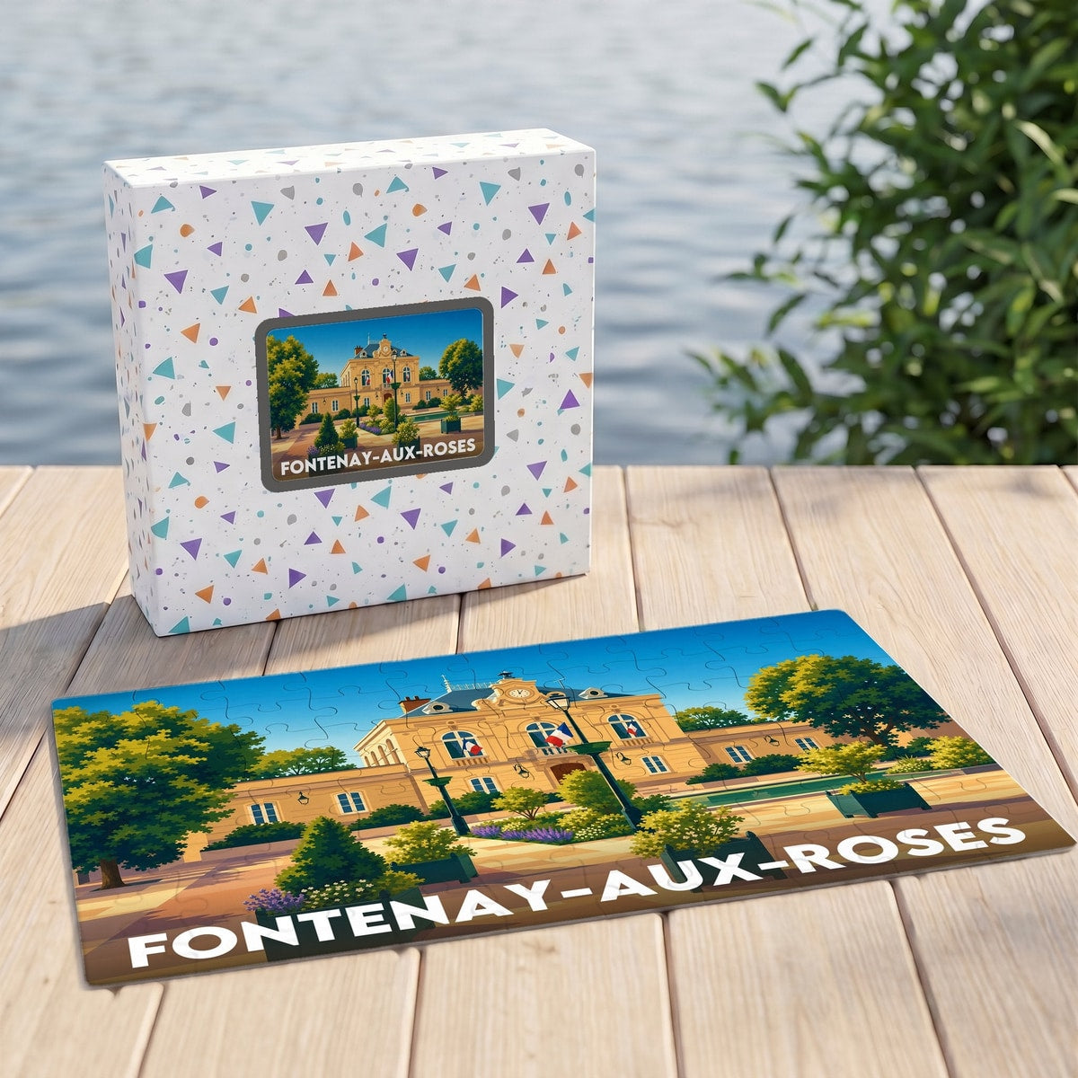 Puzzle souvenir de la ville de Fontenay-aux-Roses avec une illustration stylisée et colorée de son patrimoine.