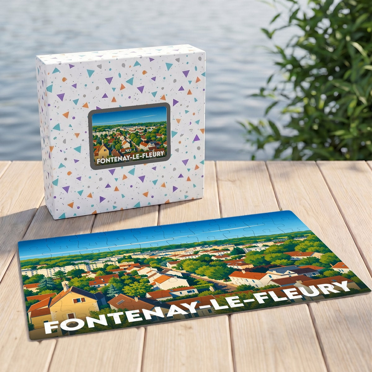Puzzle souvenir de la ville de Fontenay-le-Fleury avec une illustration colorée représentant une vue aérienne stylisée.