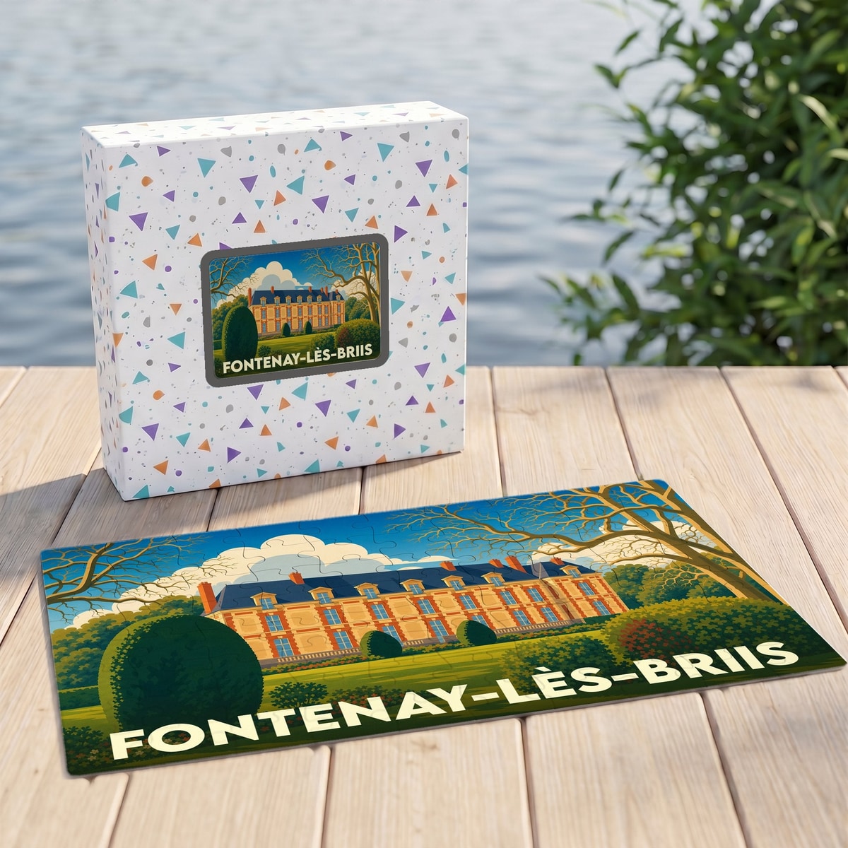 Puzzle souvenir de la ville de Fontenay-lès-Briis avec une illustration stylisée d'un château.